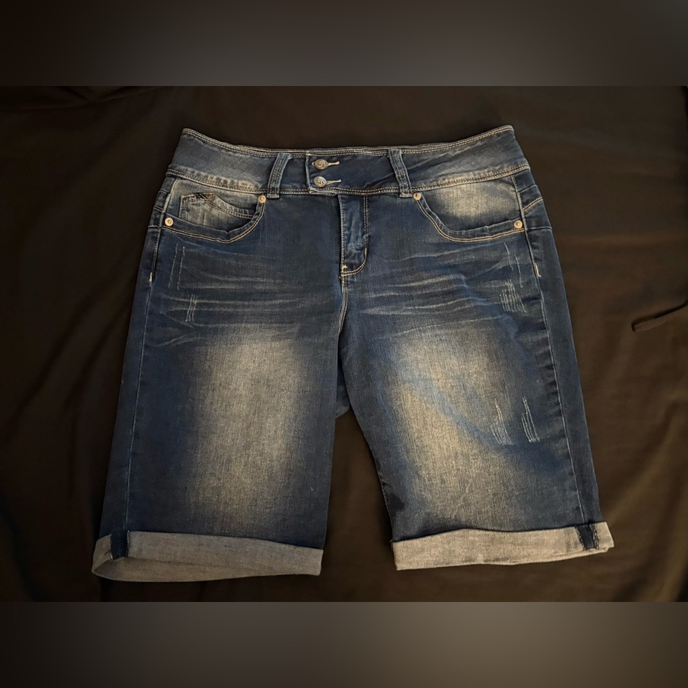 Women’s Royalty For Me Distressed Blue Jean Shorts with cuffed hem in size 14